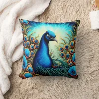 Vibrant Peacock Pair Amid Lush Flowers at Sunrise Throw Pillow