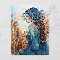 The Lady in the City With Blue Hair Postcard