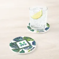 Green and Blue Foliage Philodendron Monogrammed Coaster