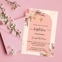 Baptism pampas grass rose gold blush marble girl invitation