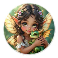 Pretty Brown Eyed Fairy and Dragon  Ceramic Knob