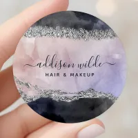 Signature Script Watercolor Purple Black Silver Classic Round Sticker