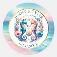 Pink, Blue and Gold Coastal Seahorse Beachy Classic Round Sticker