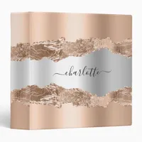 Gold silver agate marble name script 3 ring binder