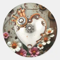 Steampunk Copper Metal Gears and White Heart Classic Round Sticker