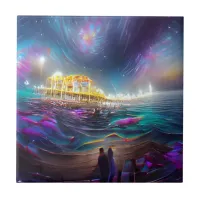 Cosmic Santa Monica Pier AI created Digital Art Ceramic Tile