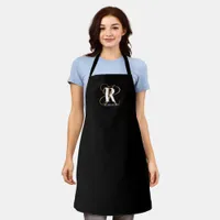 Modern Black Gold Script Monogram Name Apron