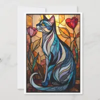 Stained Glass Style Gray Cat with Flowers Card