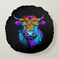 Cyberpunk Colorful Ai Highland Cow  Round Pillow