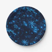 Deep Blue & Bright Snowflakes Paper Plates