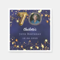 70th birthday navy blue gold stars photo napkins