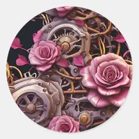 Pink Roses and Metal Gears Steampunk Classic Round Sticker