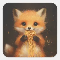 A super cute baby red fox eating spaghetti square sticker