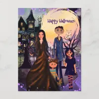 Gothic Haunted House Family Halloween Postcard