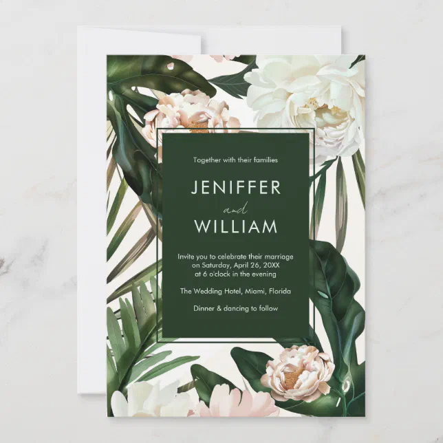 Peach White Peonies & Green Leaves Floral Wedding Invitation