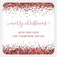 Red Glitter Merry Christmas Script Names White  Square Sticker