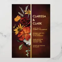 Bold Orange Rust Fall Floral Modern Wedding  Foil Invitation