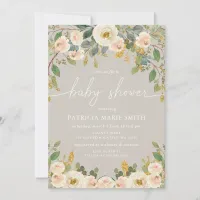 Modern Elegant Taupe Peach Floral Baby Shower Invitation