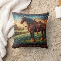 Vibrant Horse in Colorful Farm Scene Throw Pillow