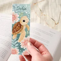 Cute Kawaii Baby Sea Turtle Floral Personalized Bookmarks