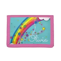 Cute Pretty Girly Rainbow Stars Sky Clouds & Name  Trifold Wallet