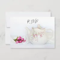 Teapot with Pink Roses Wedding RSVP Reply Card