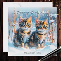 Cute Tabby Kittens In Snow Pet Animal Christmas Holiday Card