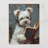 Adorable Maltese Reading and Listening to Music Postcard