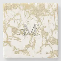 Monogram Carrera Marble Metallic Gold Glitter Gems Stone Coaster