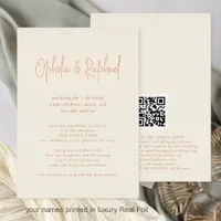 Boho Script QR Code Cream Wedding Luxury Real Foil Invitation