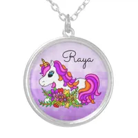 Purple Unicorn and Flowers Girl's Name Silver Plated Necklace
