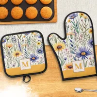 Pretty Wildflowers Rustic Elegant Monogrammed Oven Mitt & Pot Holder Set