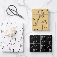 Trendy Script Joy Pattern Gold Black White Wrapping Paper Sheets