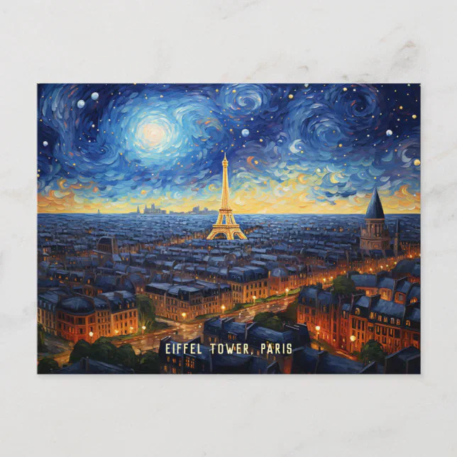 Eiffel Tower Paris Night Illustration Travel Art Postcard