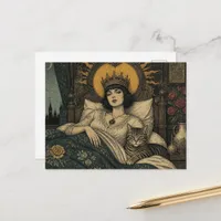 Fairytale Queen and Her Cat in Bed Postcard