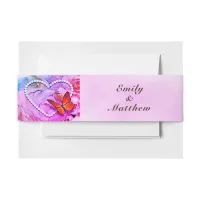 Heart Pearls Pink Roses & Butterflies Wedding Invitation Belly Band