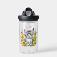 Personalized Gray Kitten and Flowers Watercolor Water Bottle