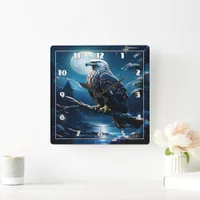 Eagle Perched on Branch Under Full Moonlight Square Wall Clock