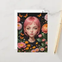 Adorable Girl With Pink Hair in the Flowers Postcard