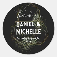 Modern Arched Black Gold Wedding Botanical Theme Classic Round Sticker