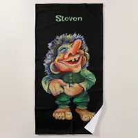 Scandinavian Funny Troll Illustration Watercolor Beach Towel