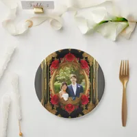 Golden frame with red roses, gothic style photo  paper plates