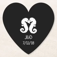 Black and White Seahorse Wedding Heart Coaster