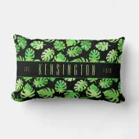 Tropical Green Watercolor Leaves with Family Name Lumbar Pillow