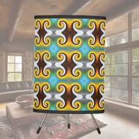 Trendy retro pattern in yellow, blue, brown, white tripod lamp