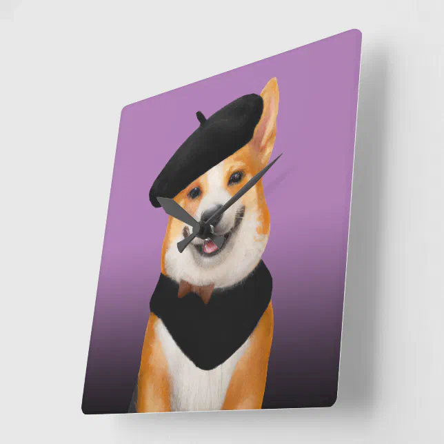 Cute Chic Corgi Dog Wearing Beret & Bandanna Square Wall Clock