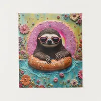 Sloth Chilling in a Floating Donut Funny Collage Tapestry