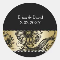 Black and Gold floral wedding invitations Classic Round Sticker