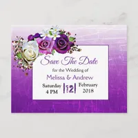 Purple Rose Bouquet Wedding Save the Date Announcement Postcard