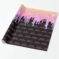 Birthday party rainbow pink glitter black sparkle wrapping paper